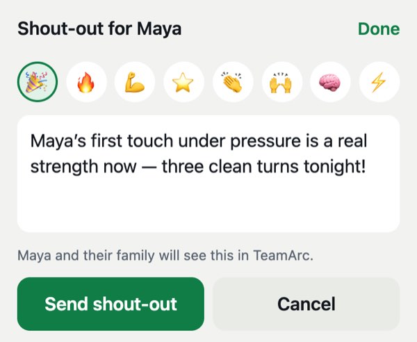 A shout-out for Maya being written: “Maya’s first touch under pressure is a real strength now, three clean turns tonight!”
